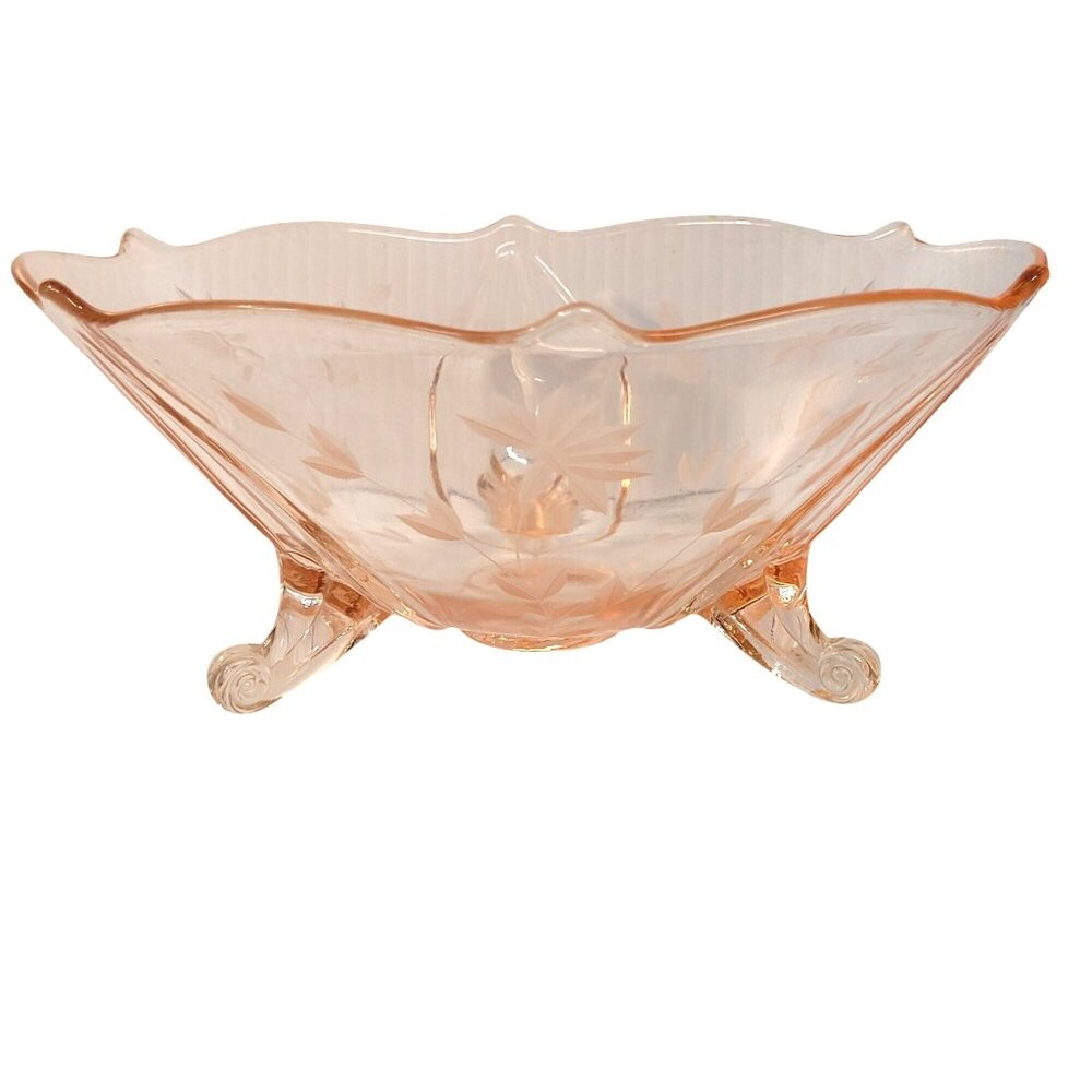 Jubilee Lancaster Pink Depression Glass Bowl  Vintage Etched Floral Footed 8.5''